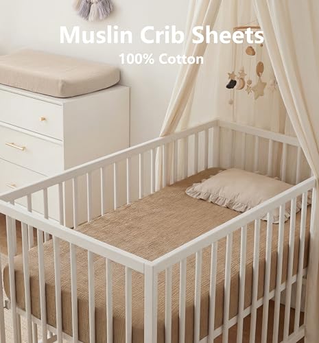 Image of 2 Pack Muslin Crib Sheets for Boys Girls, 100% Cotton Fitted Baby Sheets, Breathable Soft Neutral Bed Set, 52 inchx28 inch Fits Standard Crib & Toddler Mattress (Brown&Beige)