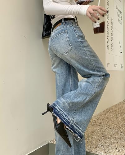 Low Rise Flared Jeans for Women Trendy Wide Leg Loose Fit Boyfriend Denim Pants Baggy Streetwear Raw Hem Y2k Jeans3