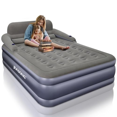 JEASONG Inflatable Beds with Headboard, Fast Inflate/Deflate Inflatable Airbed, 50cm High Blow Up Bed with Comfortable Flocked Top for Home Guest Travel (GREY, King (U.K. Standard))