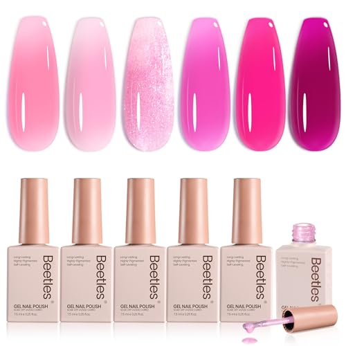 Beetles Rose Whispers Jelly Pink Gel Nail Polish Set - 6 Colors Gel Polish Kit Jelly Sheer Translucent Effect Soak Off UV Salon DIY Manicure Spring Gift for Women