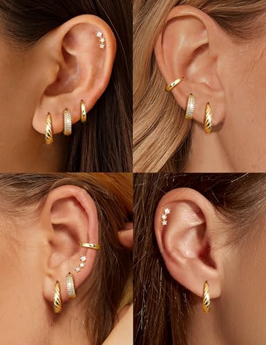 JeryWe Hypoallergenic Gold Hoop Earrings for Women S925 Sterling Silver Post Chunky Cartilage Earring Stacks Non Tarnish 14K Gold Filled Small Hoops Stud Set Jewelry2
