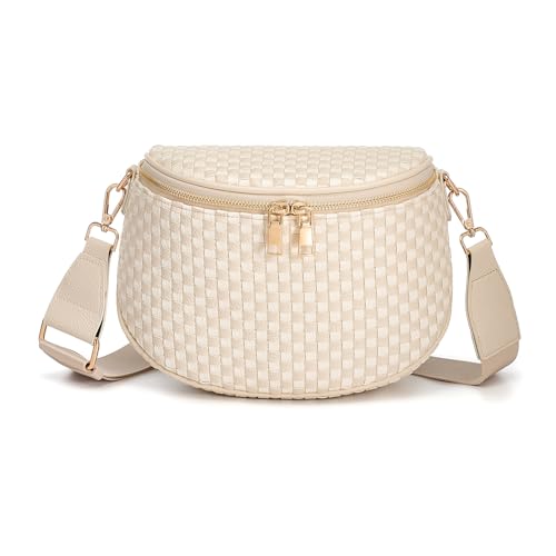 Woven Vegan leather Crossbody Bags For Women, Checkered Fashion PU Bum Bag Waist Pack, Travel Sling Purse with Adjustable Strap（Beige and White)