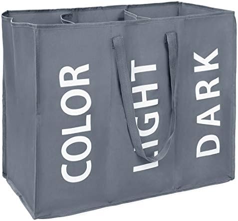 Amazon Brand Eono Large Laundry Bag with 3 Compartment, Foldable Laundry Basket, Collapisable Laundry Hamper, Folding Washing Storage Bin- Dark Grey