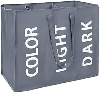 Amazon Brand Eono Large Laundry Bag with 3 Compartment, Foldable Laundry Basket, Collapisable Laundry Hamper, Folding Washing Storage Bin- Dark Grey
