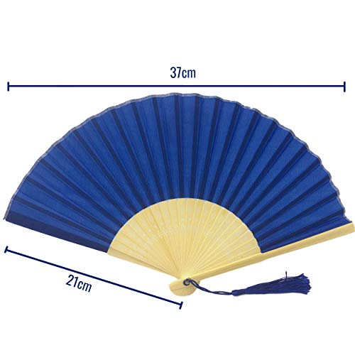 Image of Fabric Handheld Folding Hand Fan With a Tassel Grade A Bamboo Ribs for Women Girls Summer Party Event Favor Birthday Wedding Souvenir Gift (Royal Blue)