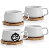 TELANKS 4er Set Cappuccino Tassen mit Untertassen, 300 ml Keramik Kaffeebecher Groß, Weiß, für Latte, Americano, Tee, Kaffeeliebhaber