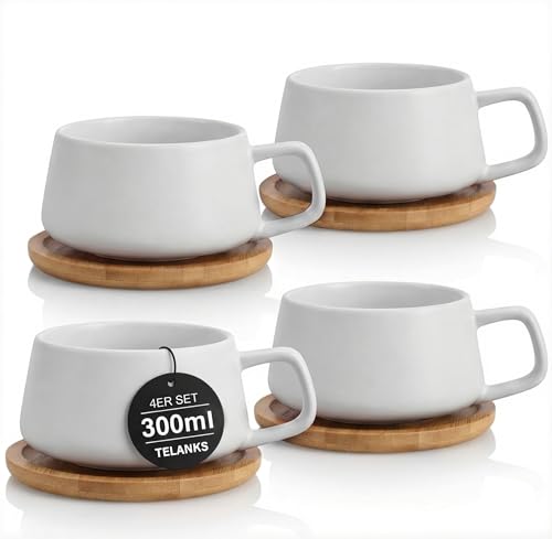 TELANKS 4er Set Cappuccino Tassen mit Untertassen, 320 ml Keramik Kaffeebecher Groß, Weiß, für Latte, Americano, Tee, Kaffeeliebhaber