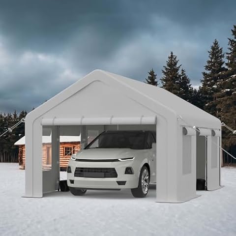 12X20FT Carport, Heavy Duty Carport with Roll-Up Sidewall and Ventilated Windows with Removable Sidewalls, 180g Pe Waterproof Canopy, All-Season Outdoor Portable Garage for Pickup Truck Boat SUV Cover