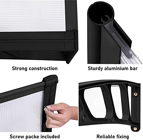 Front Door Canopy Outdoor 120x80cm, Rain Shelter Awning Canopy Window Roof Cover for Door Porch Canopy Rain Protector Polycarbonate Roofing Sheets Awning Patio Door Canopies for Outside (Black)
