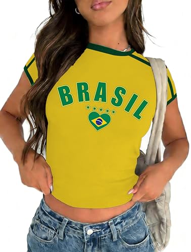YHHR Brazil Crop Top for Women Brazil Flag Graphic Baby Tee Vintage Y2K Soccer Jersey Shirt Summer Going Out Tops