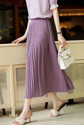 Women's Spring Summer Pleated Midi Skirts,Cool A-Line Swing Long Skirt,Soft Ladies Elastic High Waist Maxi Casual Skirt2