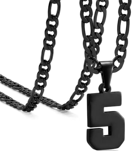 LULUMONIA 5 Chain 5 Necklace Chains for Man Stainless Steel Basketball Soccer Baseball Team Number Pendant Chunky Chain Sport Necklace black