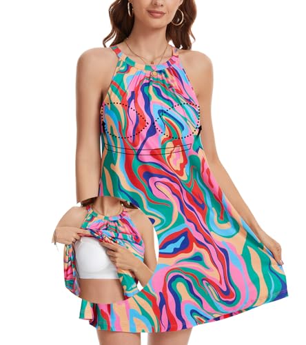 Image of ANYFITTING Summer Dress with Built in Bra Casual Beach Sundress Flowy Halter Mini Short Dresses for Women 2026