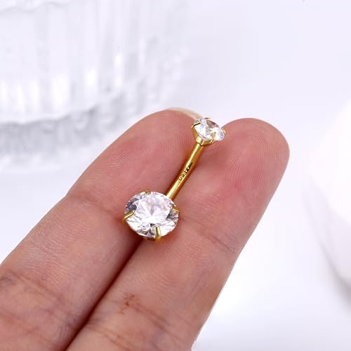 Fiasaso 14K Gold Belly Button Rings For Women Surgical Steel Round Cubic Zirconia Navel Barbell Stud Hypoallergenic Body Piercing Jewelry 14G Gold 12Mm thumb #5