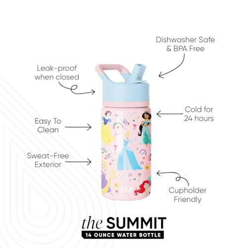 Simple Modern Kids Summit Water Bottle with Straw Lid | Disney Princess 14oz Stainless Steel Cup Insulated Tumbler for Girls, School | Princess Rainbows #2