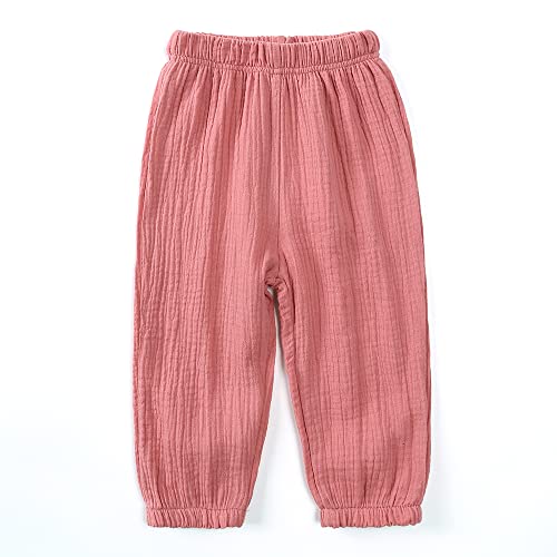Unisex Kids Cotton Linen Long Pants 3Packs Boys Girls Summer Elastic Waist Sweatpants Pull On Trousers4