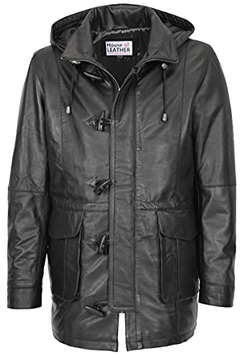 Mens Leather Duffle Coat with Detachable Hoodie Parka Jack Black (XL)