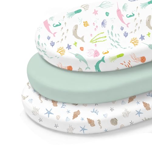 Image of Little Grape Land Bassinet Sheets 3 Pack, 33 inch x 18 inch Fitted Bassinet Sheets Up to 4 inch Deep Pocket, Ultra Soft Baby Bassinet Fitted Sheets for Bassinet Mattress, Ocean Friends