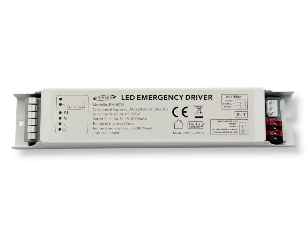 UNIVERSO EM-80W DRIVER DI EMERGENZA PER LAMPADE LED DA 3W A 80W AUTONOMIA FINO A 300 MINUTI USCITA DC 220V
