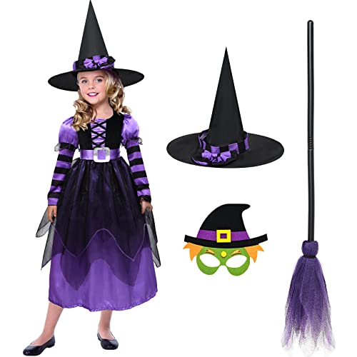 Latocos Déguisement de Sorcière Halloween Fille avec Masque et Balai Robe Violette Chapeau Magiqu Ceinture Anniversaire Conte de Fée Horreur Halloween Carnaval Déguisement pour Filles Cover