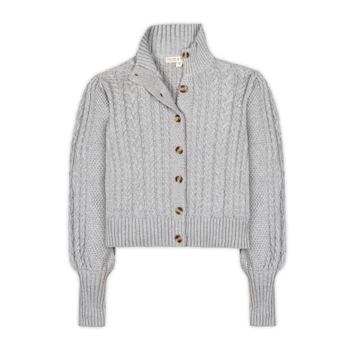 Hope & Henry Womens Organic Cotton Mock Neck Cable Cardigan GOTS-Certified Button Front Sweater with Puff Sleeves & Rib Knit Trim Gray XX-Large