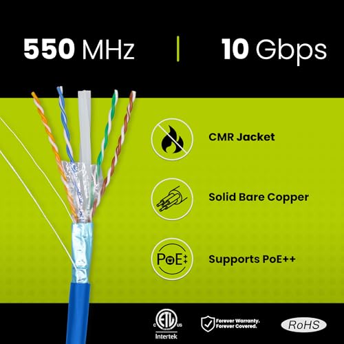 TRUE CABLE Cat6 Shielded Riser (CMR) Bulk Ethernet Cable, 1000ft, Blue, 23AWG Solid Bare Copper, 550MHz, Overall Aluminum Foil Shield (F/UTP), PoE++ 100W, ETL Listed