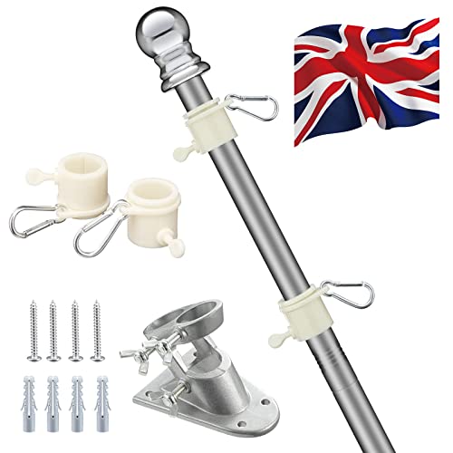 HARRMS 5FT Flag Pole Kit with British Flag and Mounting Bracket - Heavy Duty for UK Garden Outdoors Roof Walls Yard