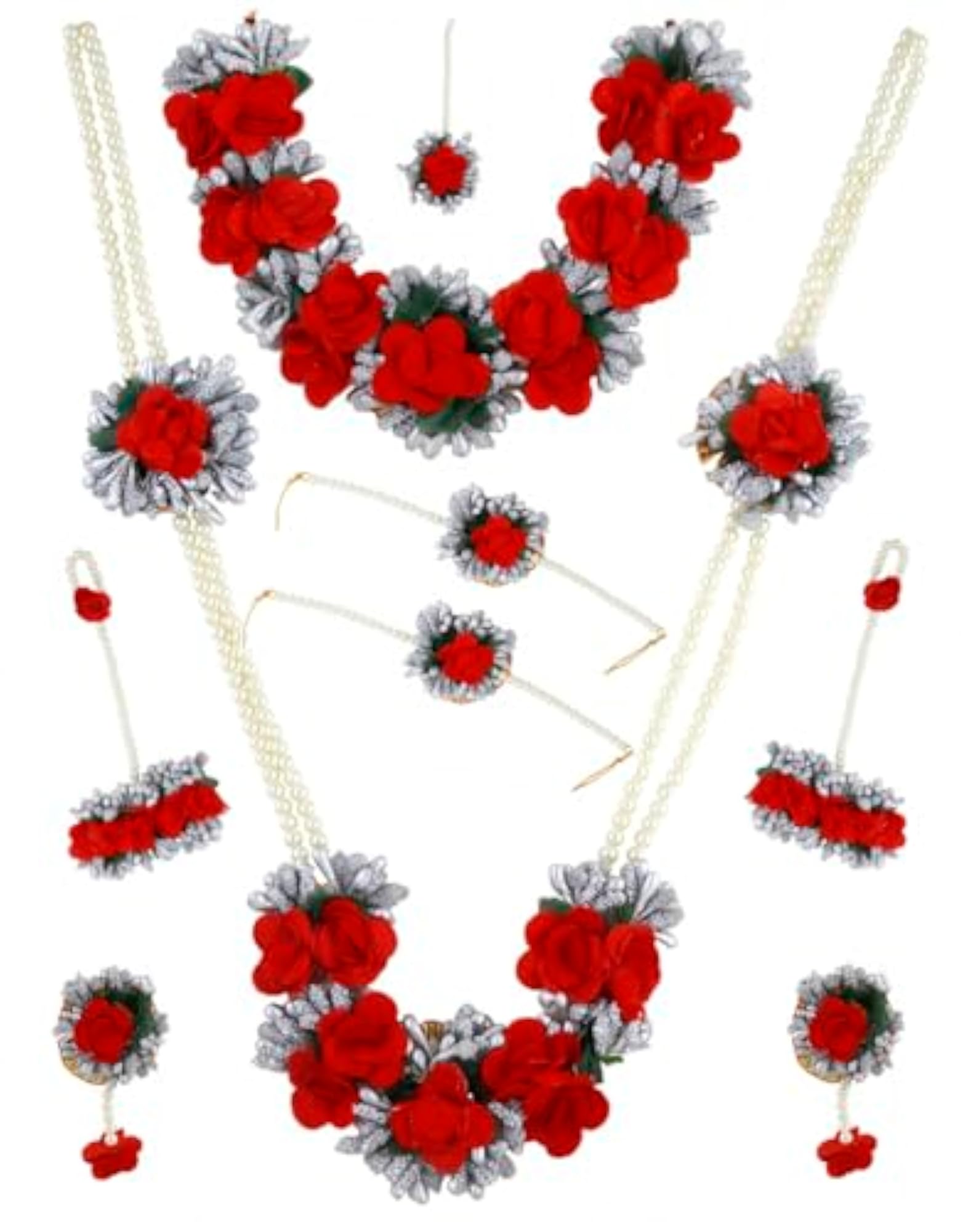 Pink Flower Long Necklace Set with Pearls & Beads