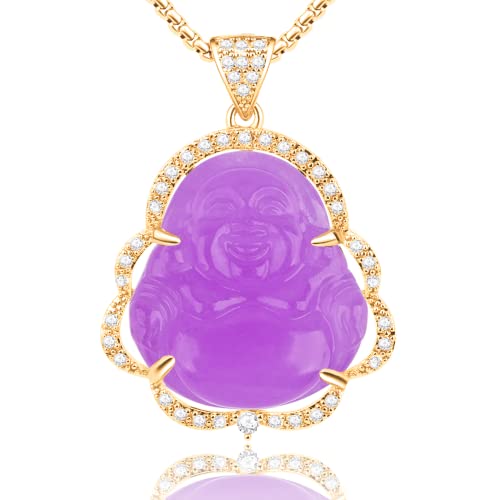 Image of ASGIFT Laughing Buddha Necklace Cubic Zirconia Green Jade Buddha Pendant with 18K Gold Plated Chain Lucky Buddha Necklace Jewelry Gift