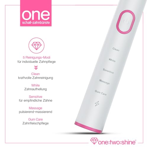 ONE:TWO:SHINE® Elektrische Schallzahnbürste ONE mit 4 Ersatzbürsten, Reise-Etui, Ladestation, Netzteil & Co – 6 Wochen Akkulaufzeit, 5 Modi + Timer (Berry) – Bild 4