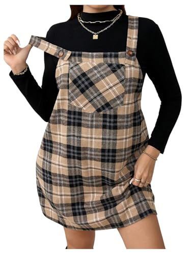 WDIRARA Women's Plus Size Corduroy Sleeveless Short Pinafore Overall Dress with Pocket