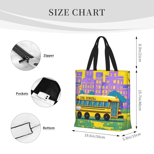 School Bus Print Tote Bags, Large Capacity Zipper Shoulder Bag, For Shopping, Work, Daily4