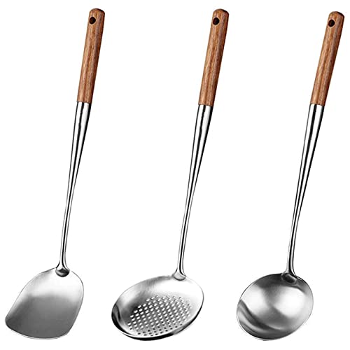 Wok Spatula and Ladle, Skimmer Ladle Tool Set, 17 Inches Long Handle 304 Stainless Steel Cooking Utensils for Decocting, Frying, Serving and Scooping