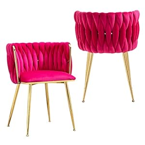 NIOIIKIT Modern Velvet Dining Chairs Set of 2 Hand Weaving Accent Upholstered Side Chair with Golden Metal Legs for Dining Room Kitchen Vanity Living Room (Rosered)