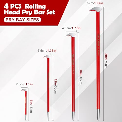 Image of TOOLEAGUE 4Pcs Rolling Head Pry Bar Set,6 inch,12 inch,16 inch,20 inch Heavy Duty Pry Bars
