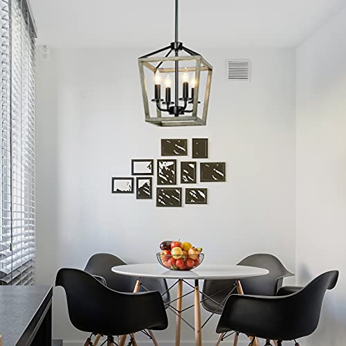 Lampundit 4 Light Farmhouse Chandelier Vintage Rustic Rectangle Lantern Metal Pendant Light Fixture For Dining Room Kitchen Foyer Entryway, Oak Wood +Black Finish #TOP3