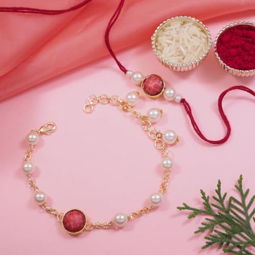 Image of I Jewels Designer Kundan Pearl beaded Bhaiya Bhabhi Lumba Rakhi Bracelet Combo Set With Roli Chawal & Rakshabandhan Greeting Card