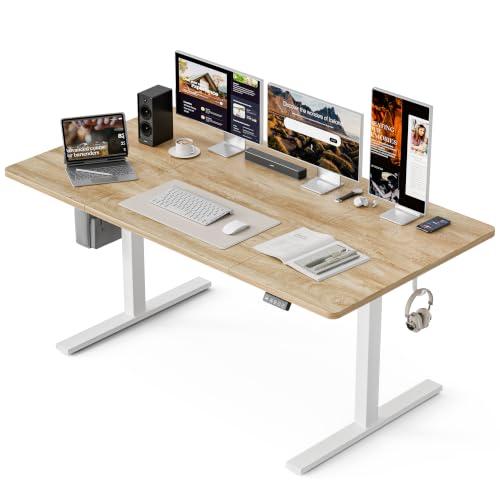 Image of Grandder 63x32 Large Electric Standing Desk, Height Adjustable Computer Desk with 2 Memory Presets, 31.5 inch Deep Desktop Sit Stand Desk Home Office Desk Workstation Table with Hooks, Oak