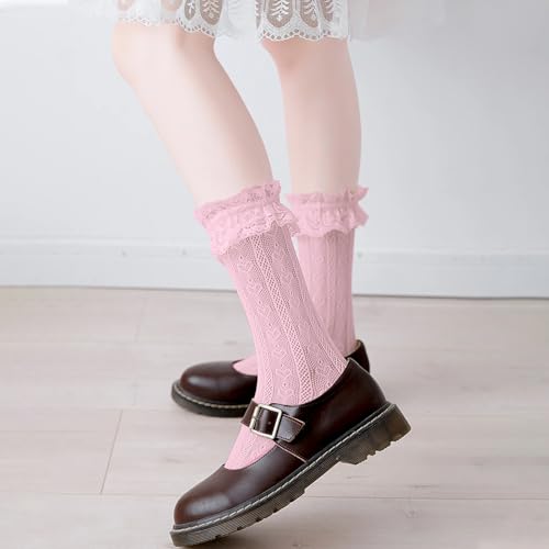 Image of Women Lace Ruffle Socks White Black Frilly Lolita Crew Dress Socks | Womens Ankle Lacy Ruffled Socks Adult Cute Soft Cotton Thin Sexy Mesh Lace Trim 80s Casual Church Socks for Ladies Big Girls