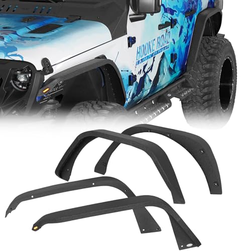 Image of Hooke Road JL Slim Flat Fender Flares for 2018-2026 Jeep Wrangler JL JLU 2 /4 Doors, Front and Rear Steel Fenders with LED Turn Signal Lights - 4 PCS Set