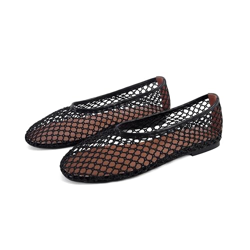 SOVANYOU Mesh Ballet Flats for Women Slip On Black Woven Flats Round Toe Comfy Casual Office Fishnet Ballerina Flat Shoes