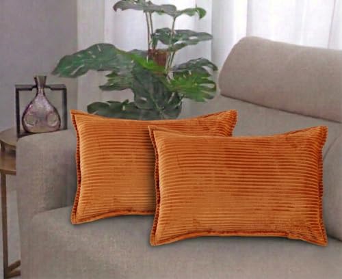 Image of RD TREND Corduroy Cushion Cover Set of 2, Striped Double Sided Decorative Throw Pillowcases for Sofa, Bed & Living Room Rectangular Long Cushion Covers 18x28 inches | Golden