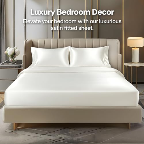BEDELITE Satin Fitted Sheet and Pillowcase Set, Luxury Soft Similar to Silk Bottom Bed Sheet with Elastic Corner Straps, Deep Pocket up to 15 Inch, 1 Fitted Sheet and 1 Pillowcase(Twin XL,Ivory White)