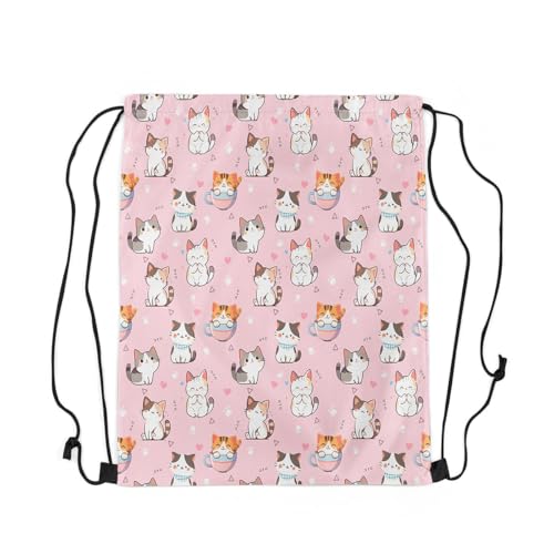jejeloiu Pink Cat Sports Drawstring Sackpack Cartoon Cat Drawstring Backpack Cartoon Kiteen Print Drawstring Bags 13