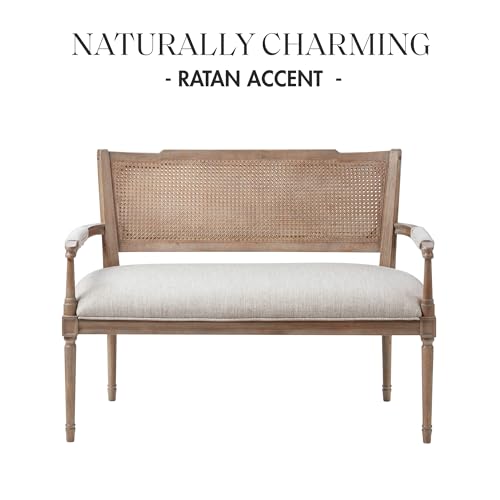 Madison Park Willshire Natural Rattan Settee, Upholstered Seat - Charming Country Design, Rustic Reclaimed Wood Finish, Ratan Insert Backrest & Padded Arm Rest, 47.25" Wide Beige/Reclaimed Natural by Madison Park - Image 2