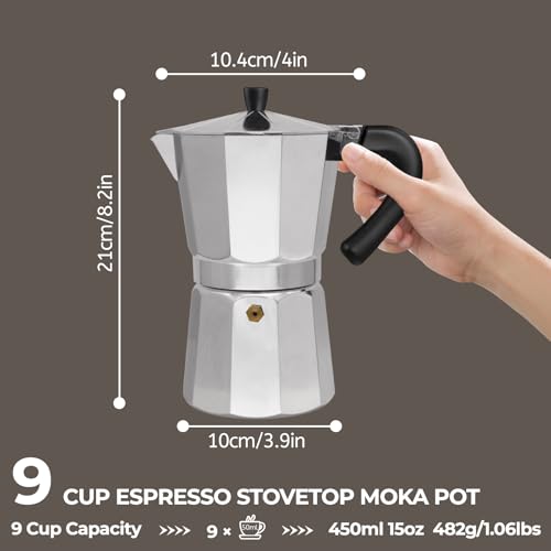 Image of Aluminum 9 Cup 450ml Moka Pot Express Coffee Maker Stovetop Espresso Percolator Coffeemaker Italian Classic Style Brewing Greca Cafe Mocha Machine for Cafeteras Lover Camping Travel and Home Use 15oz