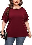 AusLook Plus Size Blouses For Women Burgundy 1X Christmas Tunic Double Ruffle Short Sleeve Shirts Crewneck Clothing Tee Ladies Clothes Flowy Dressy Casual Loose Fit Outfits Maternity Summer Tops