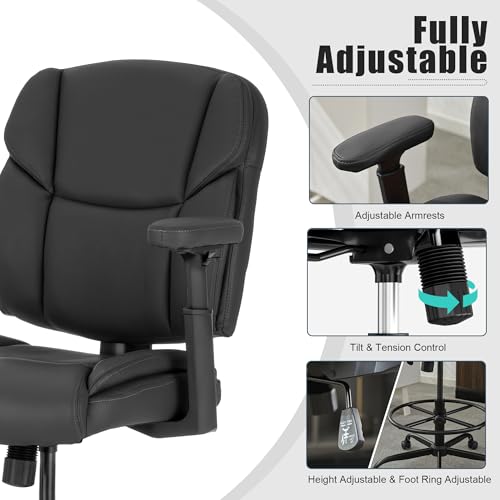 Image of Okeysen Drafting Chair Standing Desk Chair, 500 LBS Leather Big and Tall Office Chair with Adjustable Armrests & Foot Ring, Modern Tall Desk Chair with Mid Back, Swivel Rolling Drafting Stool.