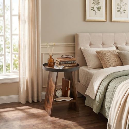 Round End Table with Tray Top, 2-Tier Rustic Side Table with Storage Shelf, Modern Farmhouse Industrial Wood Nightstand for Living Room, Bedroom, Small Spaces by ZEXVIDA - Image 7