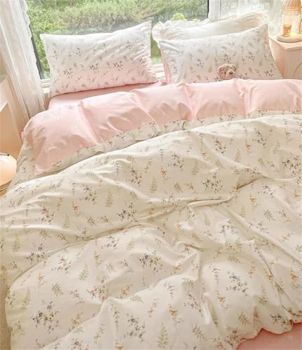 Floral Duvet Cover Queen Pink Flower Green Botanical Bedding Set